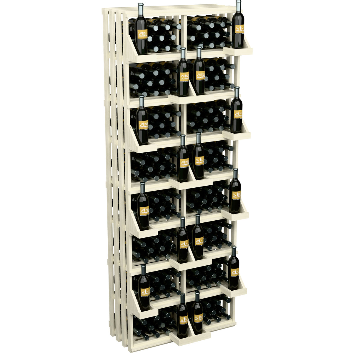 Whitewashed wood wine bottle wall display with multiple bottle storage tiers