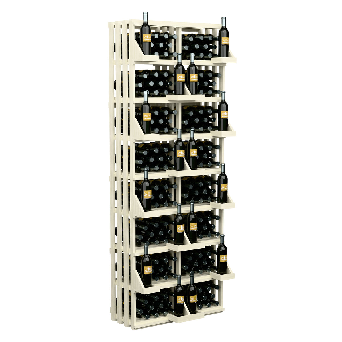 White wood 208-bottle wall display with tiered wine bottle cradles and bulk bins