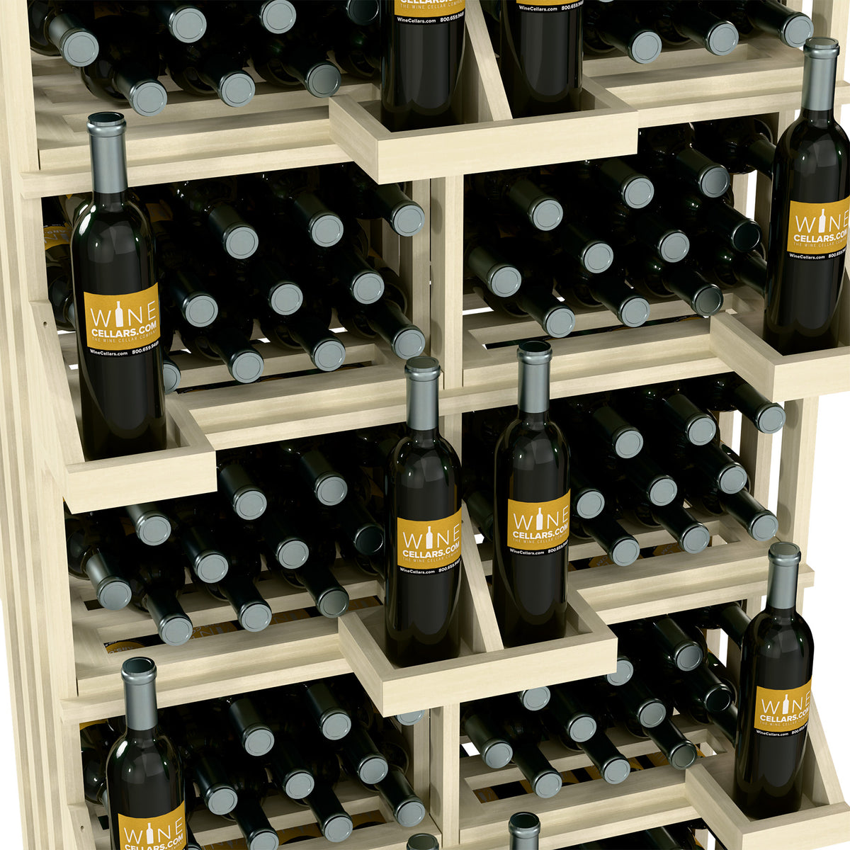 Light wood wine bottle wall display with staggered shelves and black bottles
