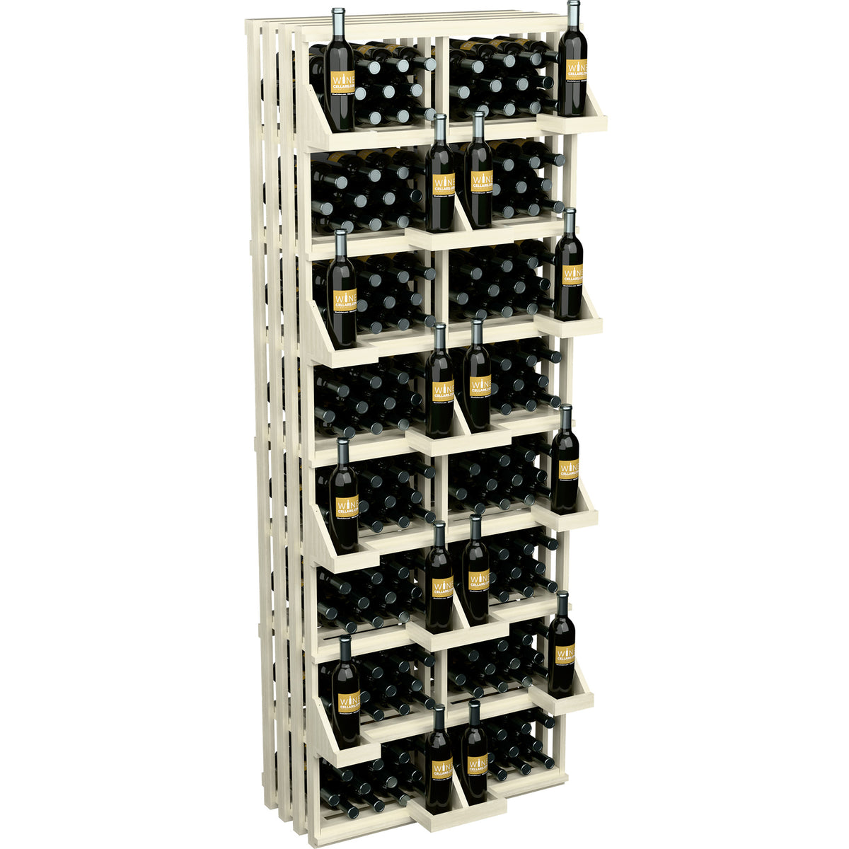 Whitewashed wood 208-bottle wall display rack with built-in bulk storage bins
