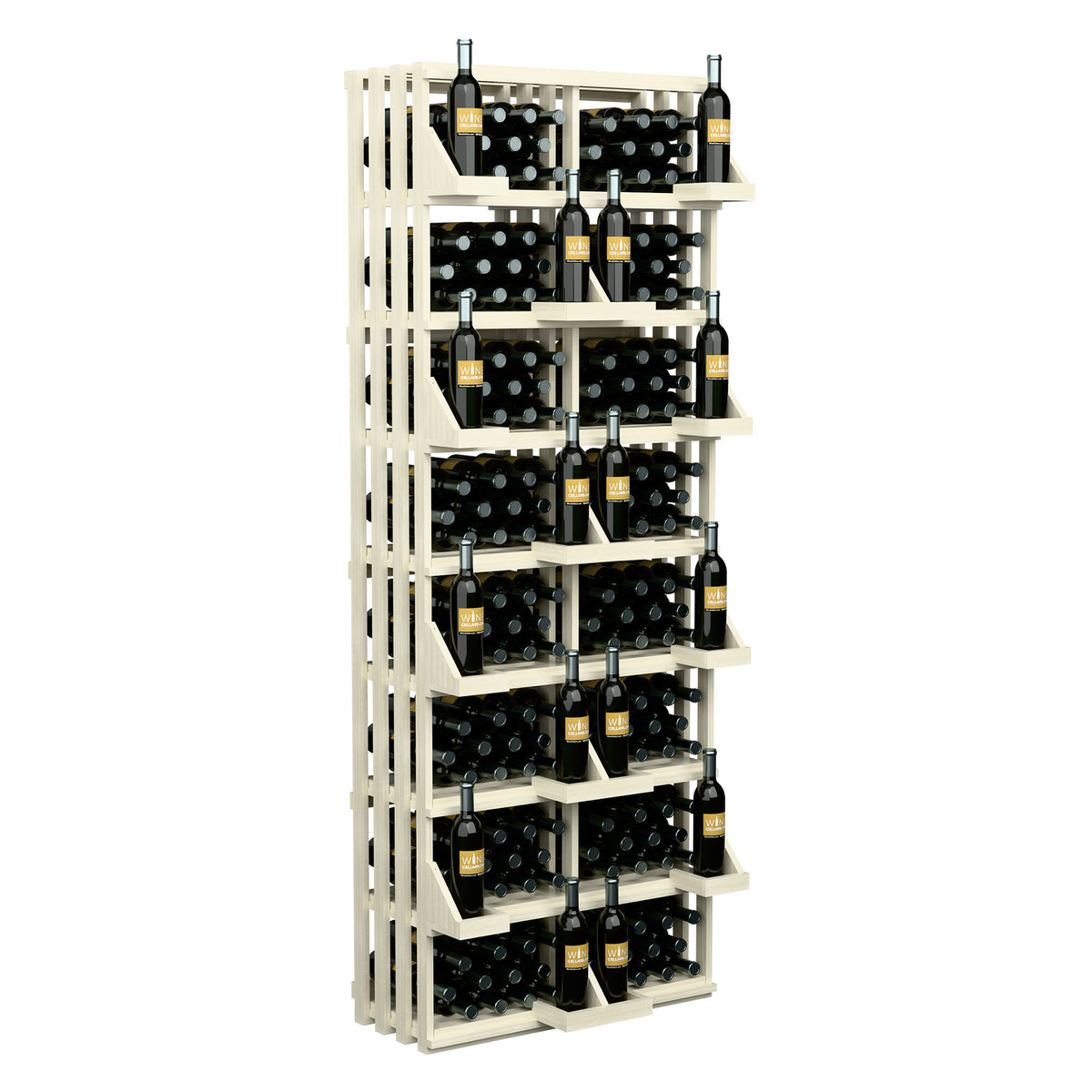 Whitewashed wood wine bottle wall display with bulk storage bins, front angled view