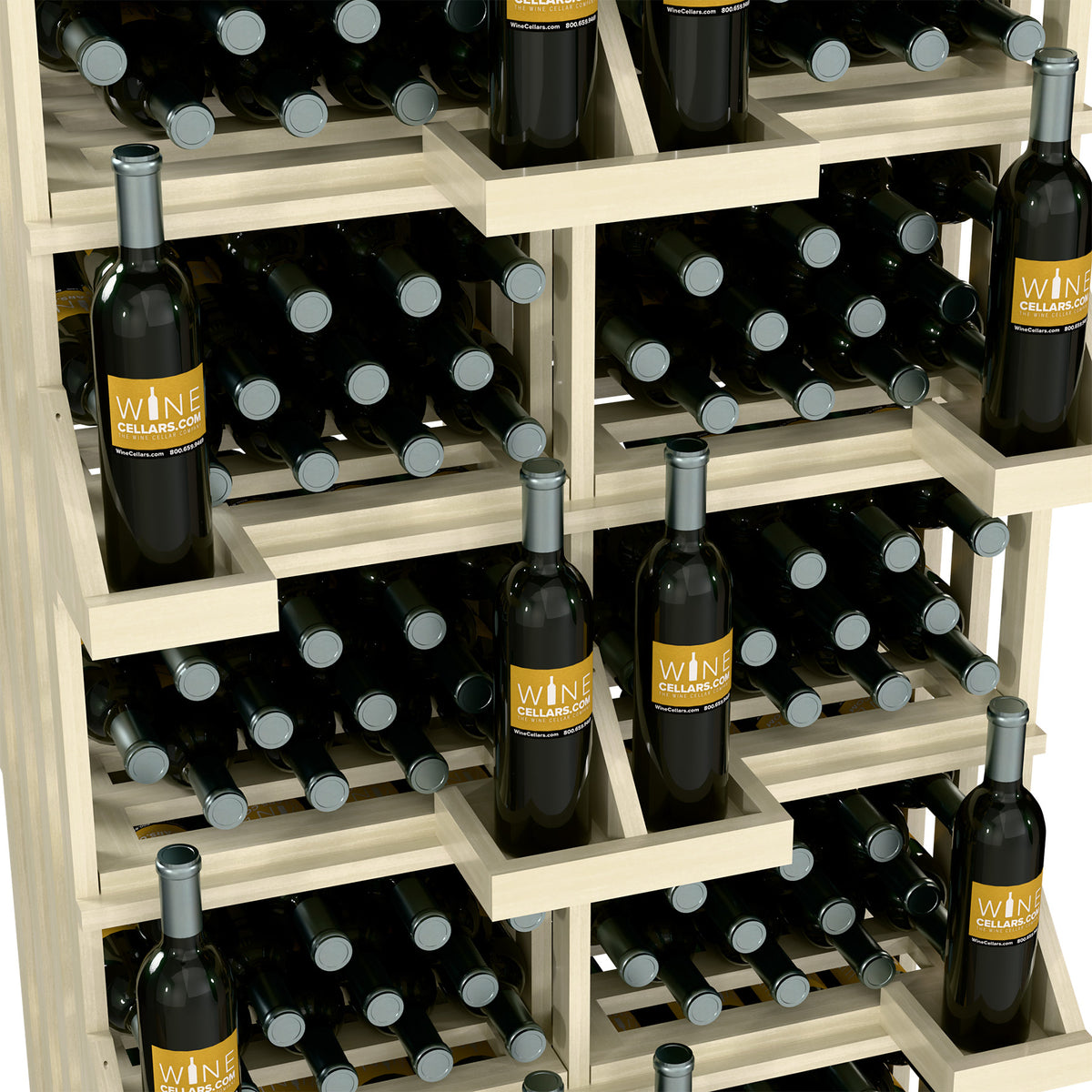 Close-up of whitewashed wood bottle wall display with black wine bottles in bins