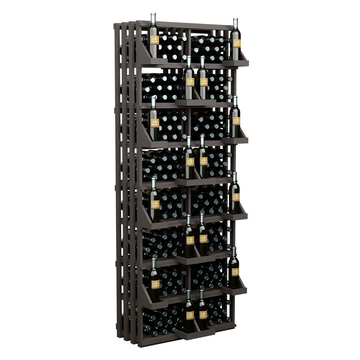 Commercial wall bottle display rack with black grid bins and wine bottles, near-black frame