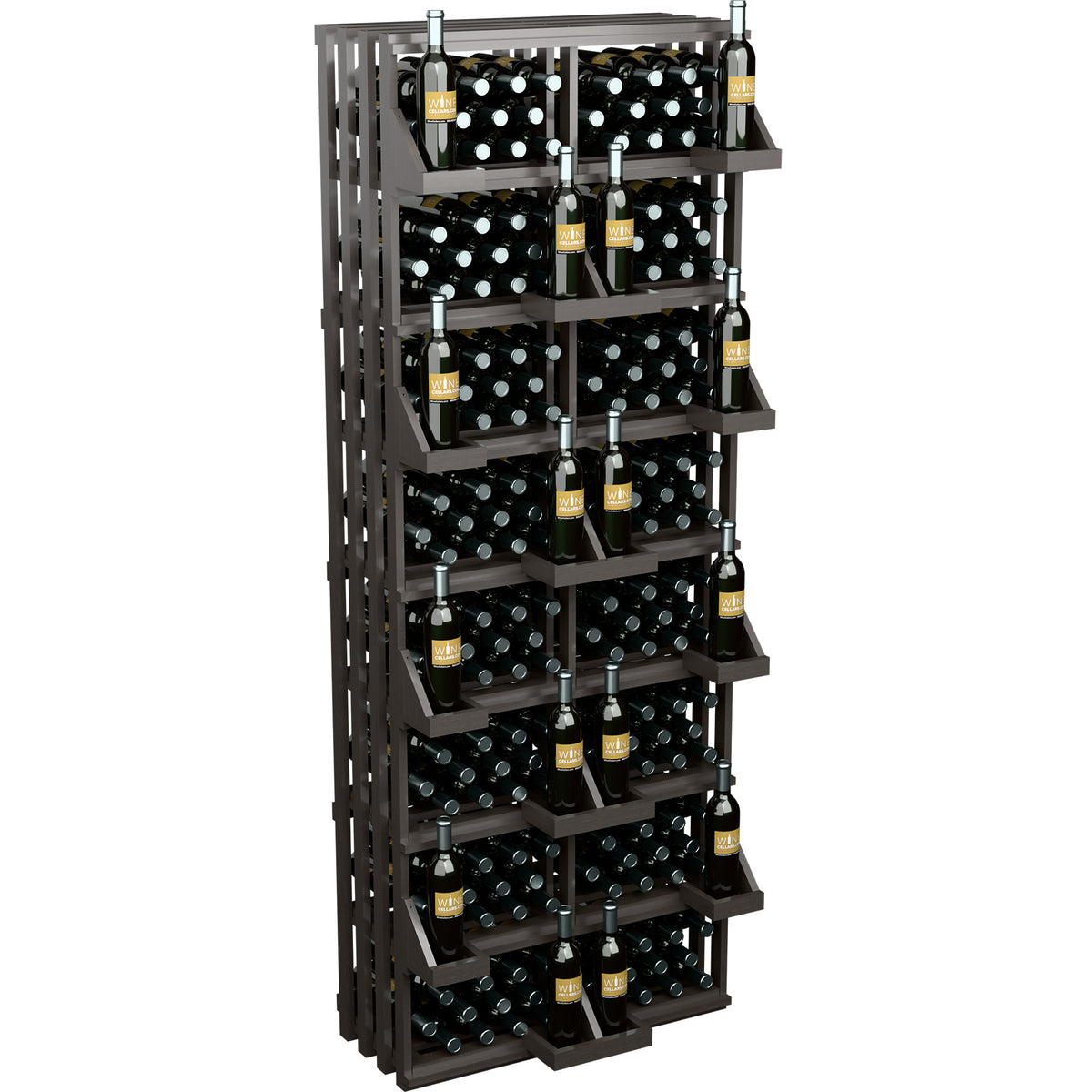 Black stained wood 208-bottle wall display rack with built-in bulk storage bins