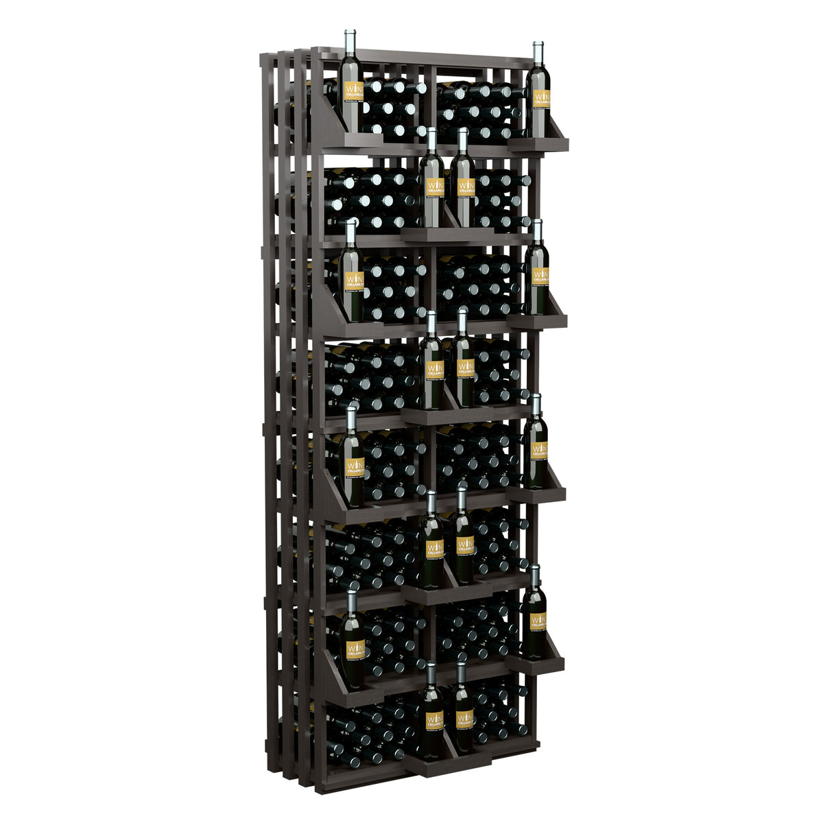 Black stained wood wine bottle wall display with bulk storage bins, front angled view