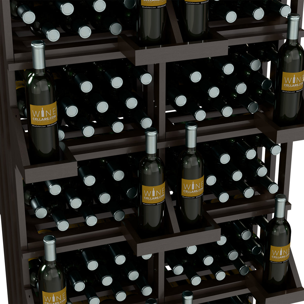Close-up of black stained wood bottle wall display with black wine bottles in bins
