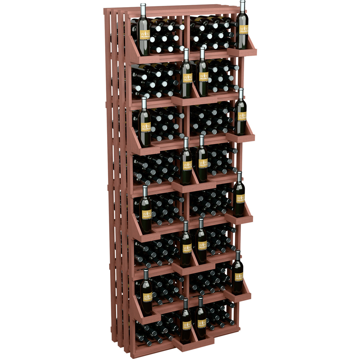 Wood wine bottle wall display with stacked shelves and 208 bottle capacity