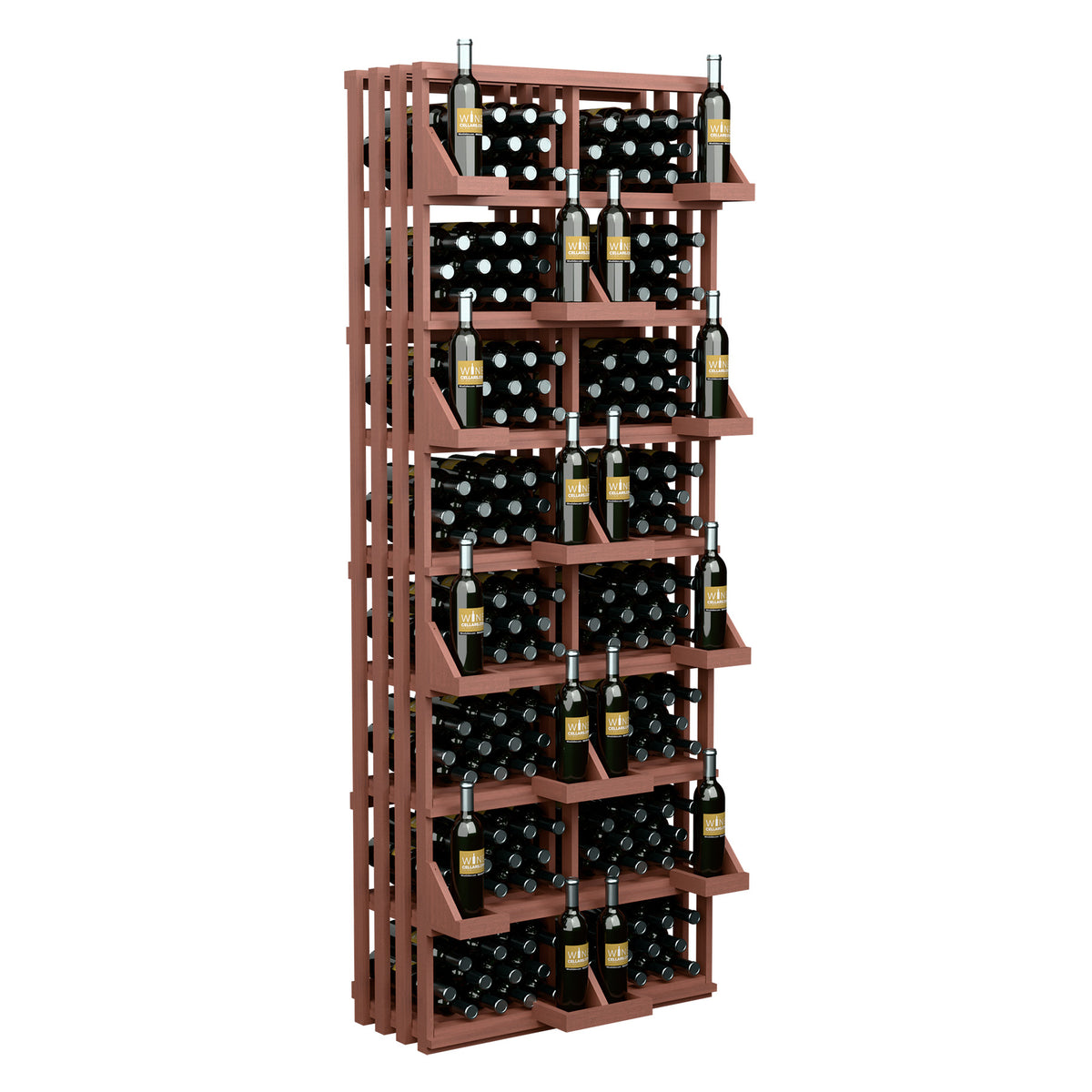 Red-brown wooden wall wine bottle rack with multiple rows of bottle slots