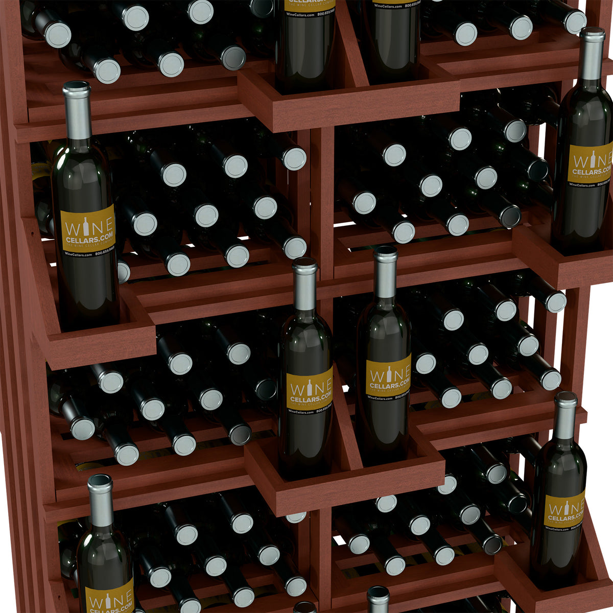 Wine bottle display rack with deep red wood shelves and bottles in cubby slots