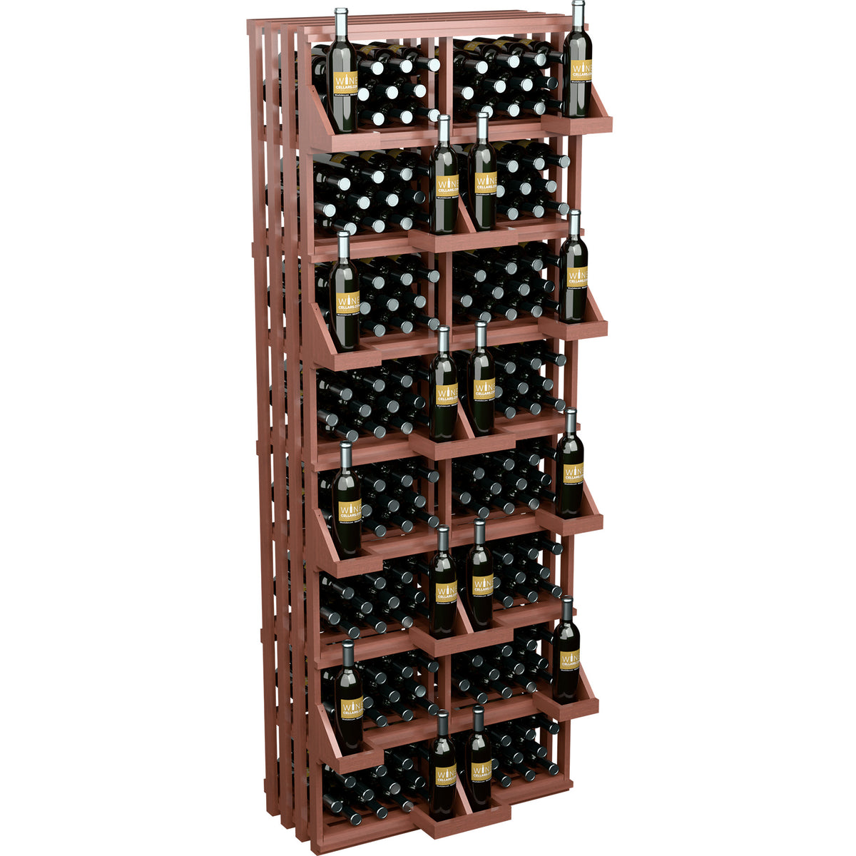 Red-brown wood 208-bottle wall display rack with built-in bulk storage bins