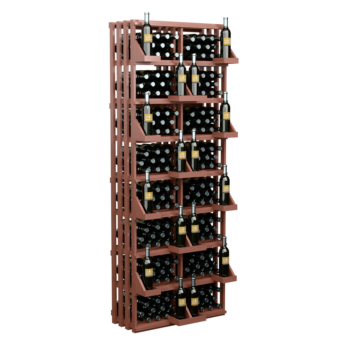 Wood wine bottle wall display with slanted shelves and bulk bins, filled with bottles