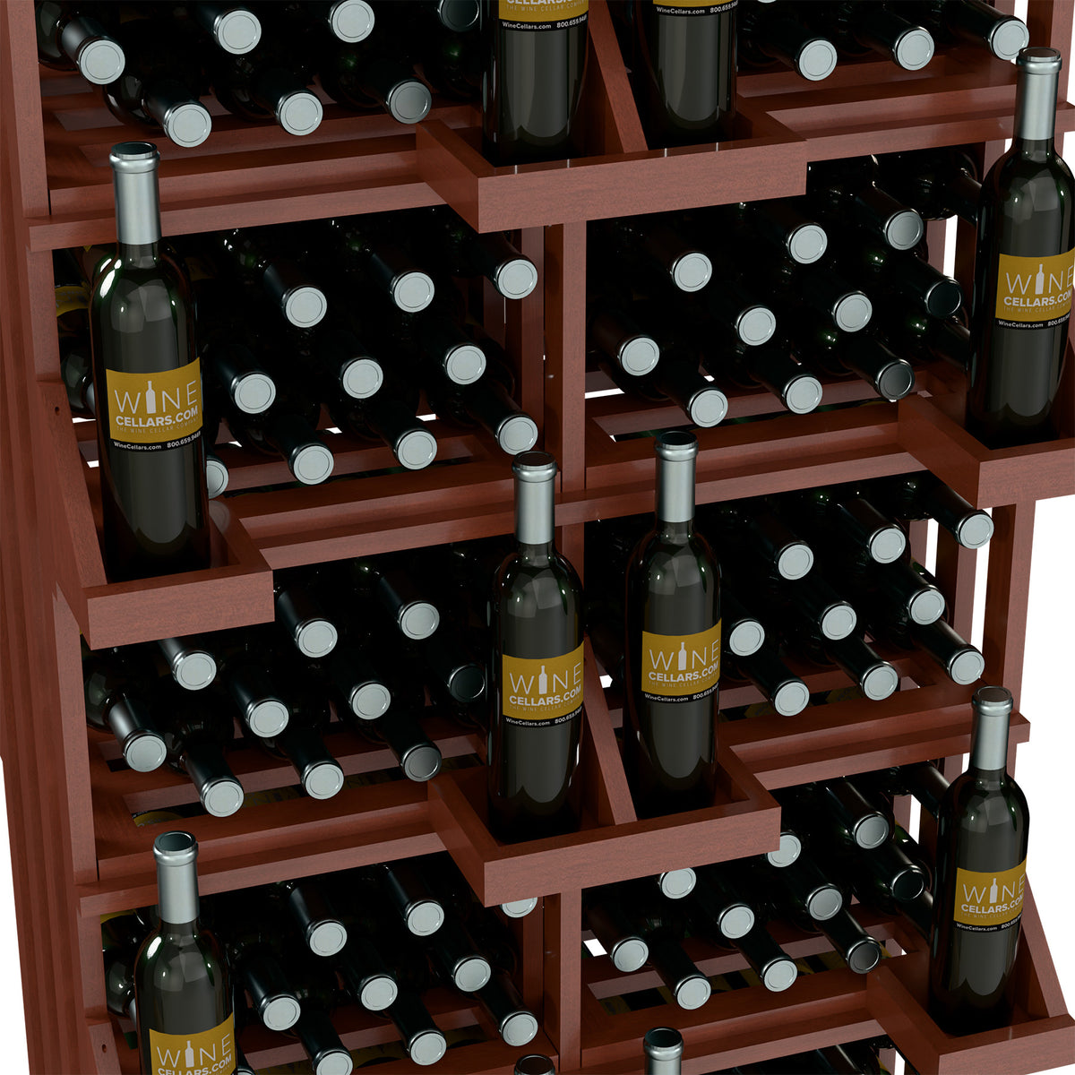 Close-up of wooden wine bottle shelves with bulk bins holding dark bottles