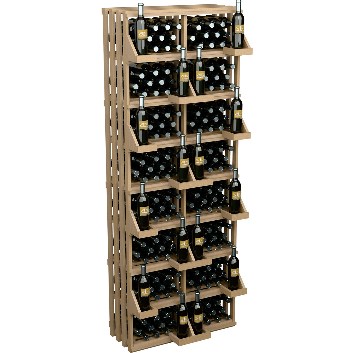 Light wood wall bottle display with open bulk bins and black bottle holders, many bottles