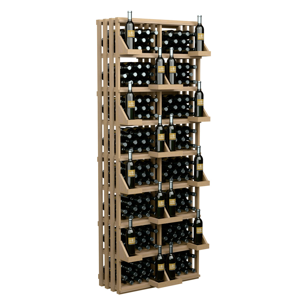 Beige wood wall bottle display with open bulk bins and black bottle holders, many bottles