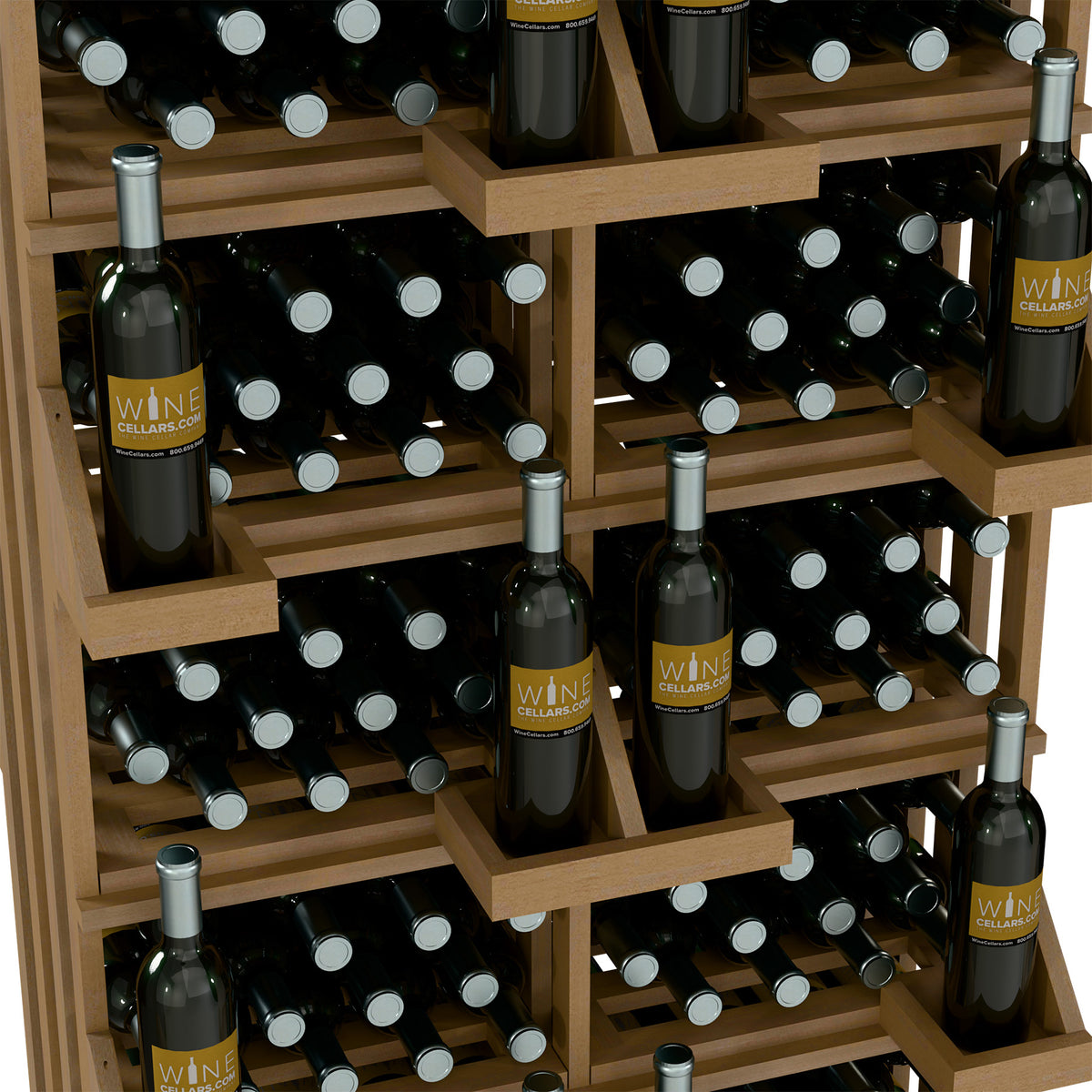 Wood wine bottle display unit with horizontal shelves and black wine bottles