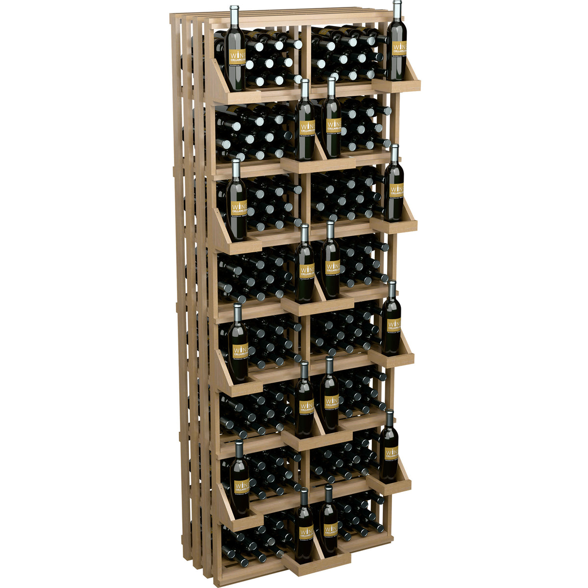 Light wood wine bottle wall display with slanted shelves and top bottle holders