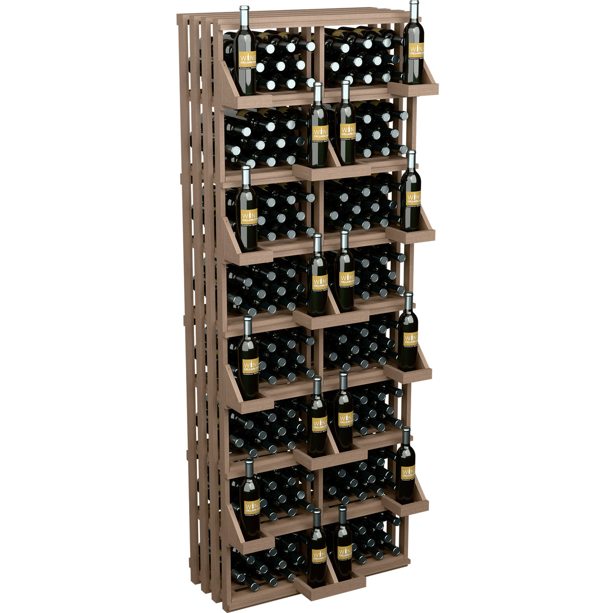 Wood wine bottle wall display rack with slatted sides and bottle-filled square shelves