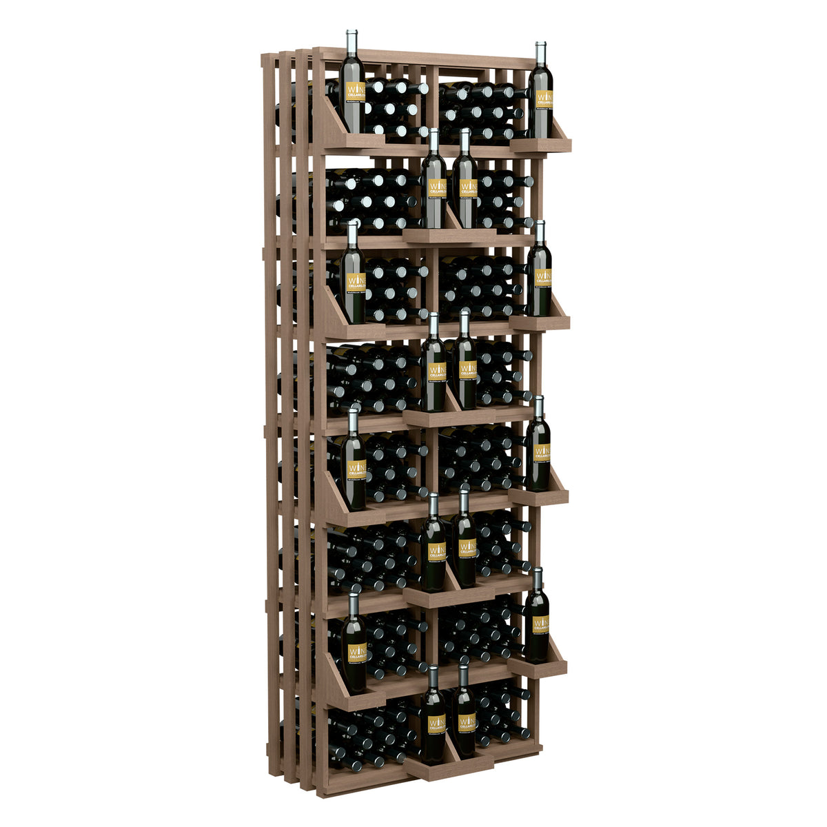Brown wood 208-bottle wall display with tiered wine bottle cradles and bulk bins