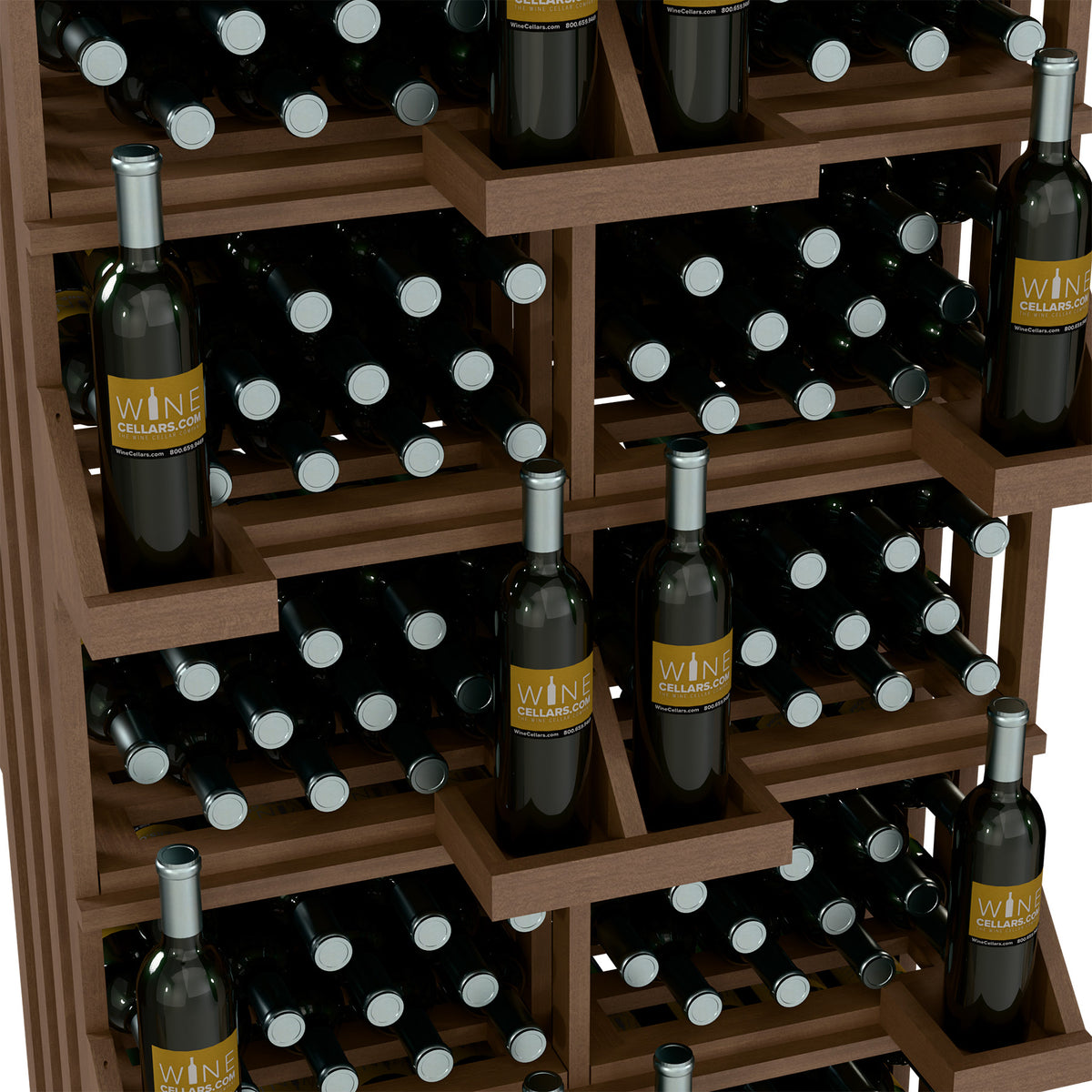 Wood wine bottle wall display with staggered shelves holding black wine bottles