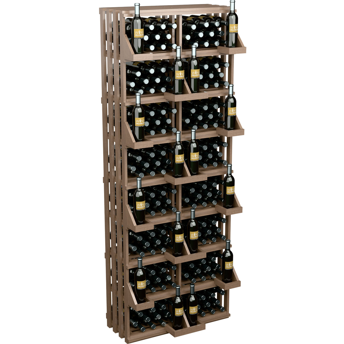 Light wood wine bottle wall display with slanted rows and grid side supports