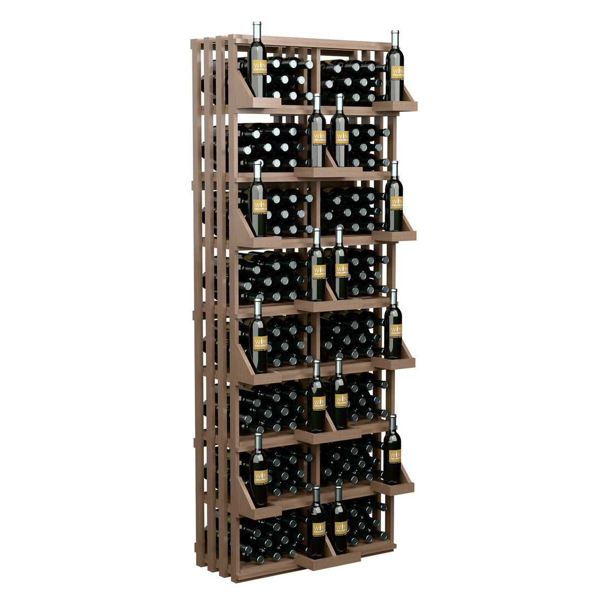 Tall wooden wine bottle wall display with slanted shelves and bulk bottle holders