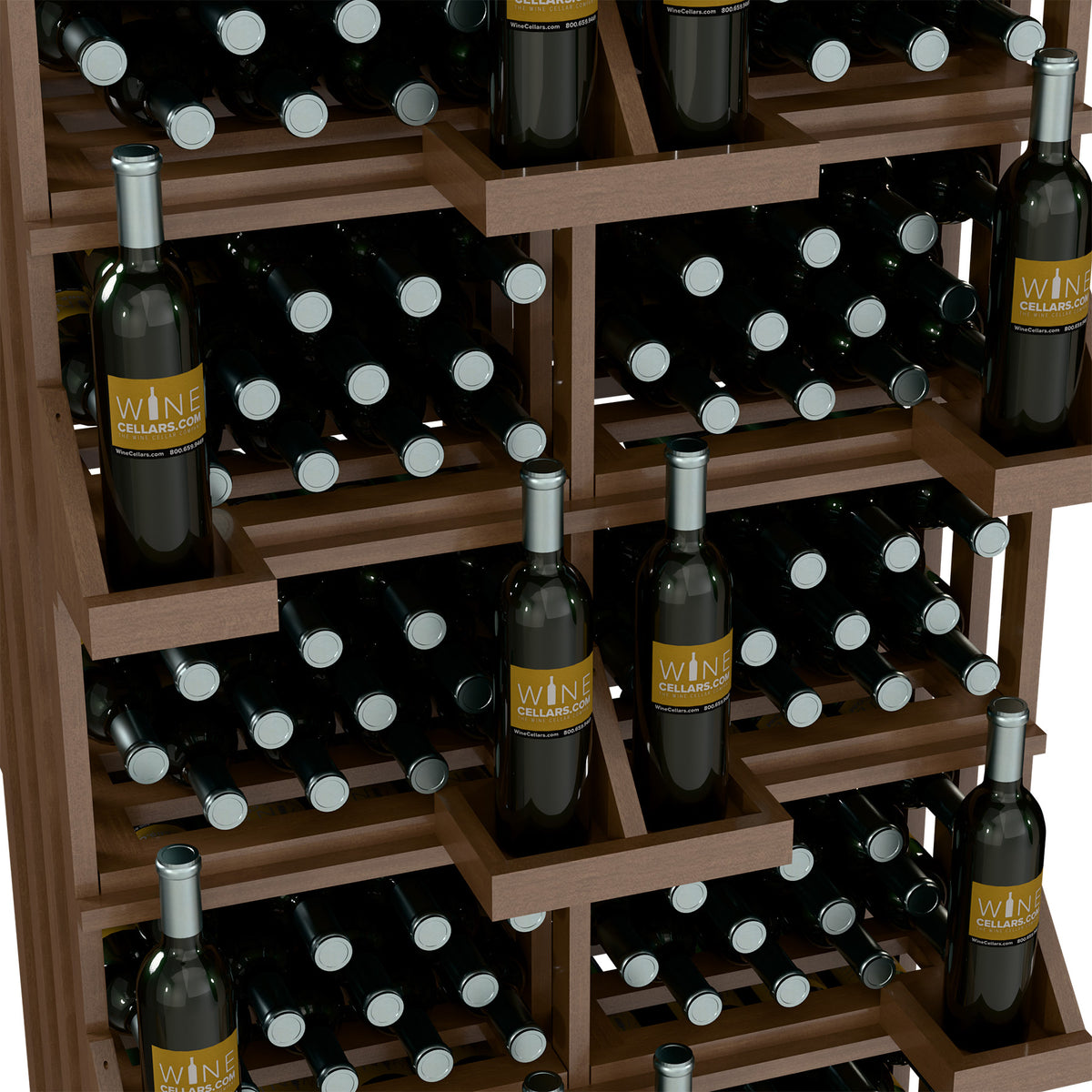 Close-up of wine bottle display with light wood shelves and bulk bin inserts