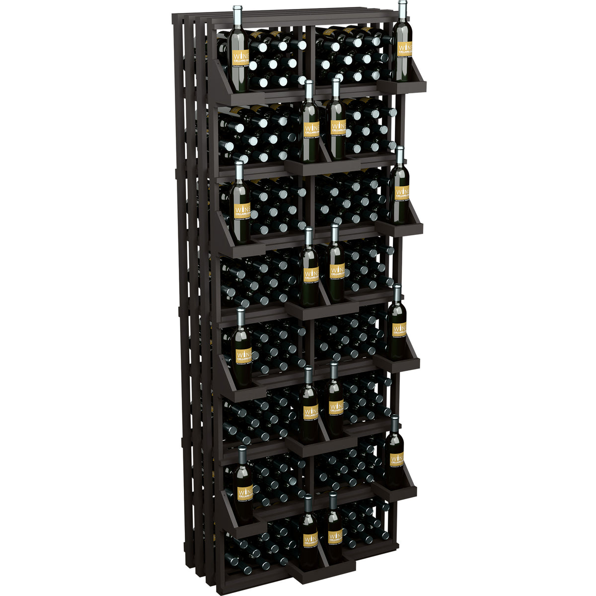 Black wood 208-bottle wall display with tiered wine bottle cradles and bulk bins