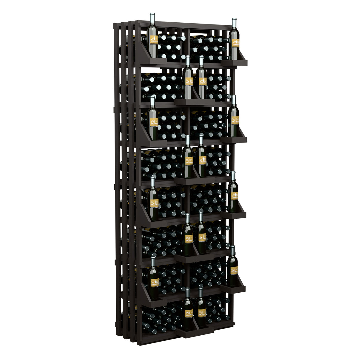Commercial wall bottle display rack with black grid bins and wine bottles, dark wood frame