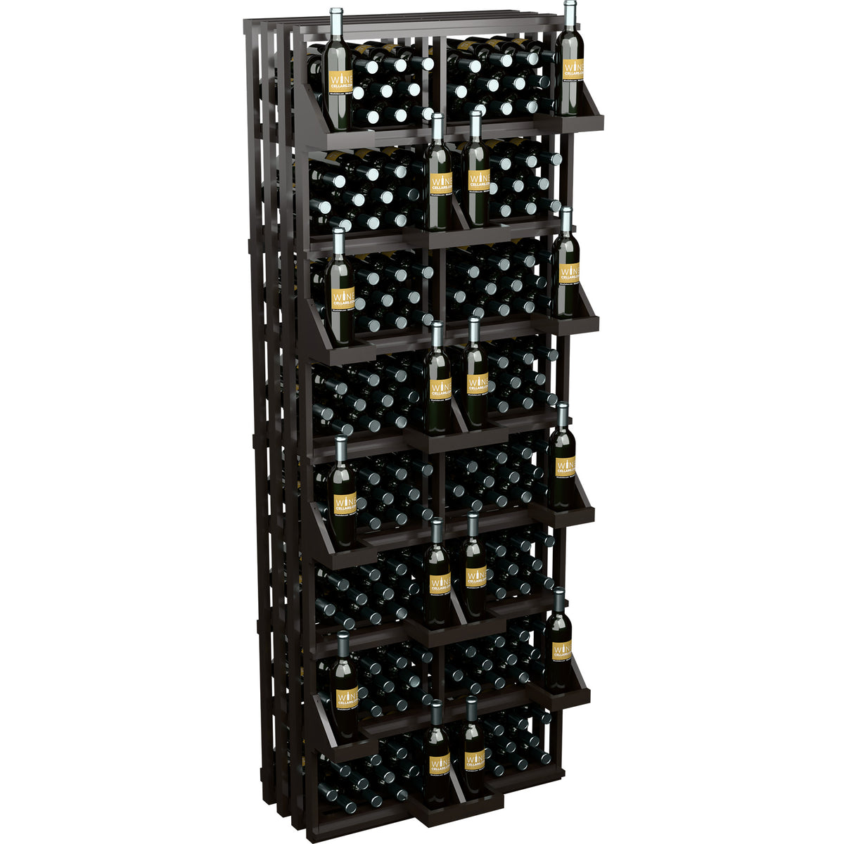 Dark stained wine bottle wall display with slanted shelves and bulk bins