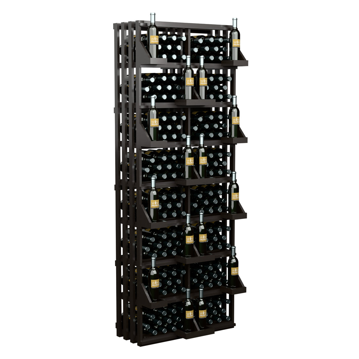 Dark wood wine bottle wall display with multiple slanted bottle rows