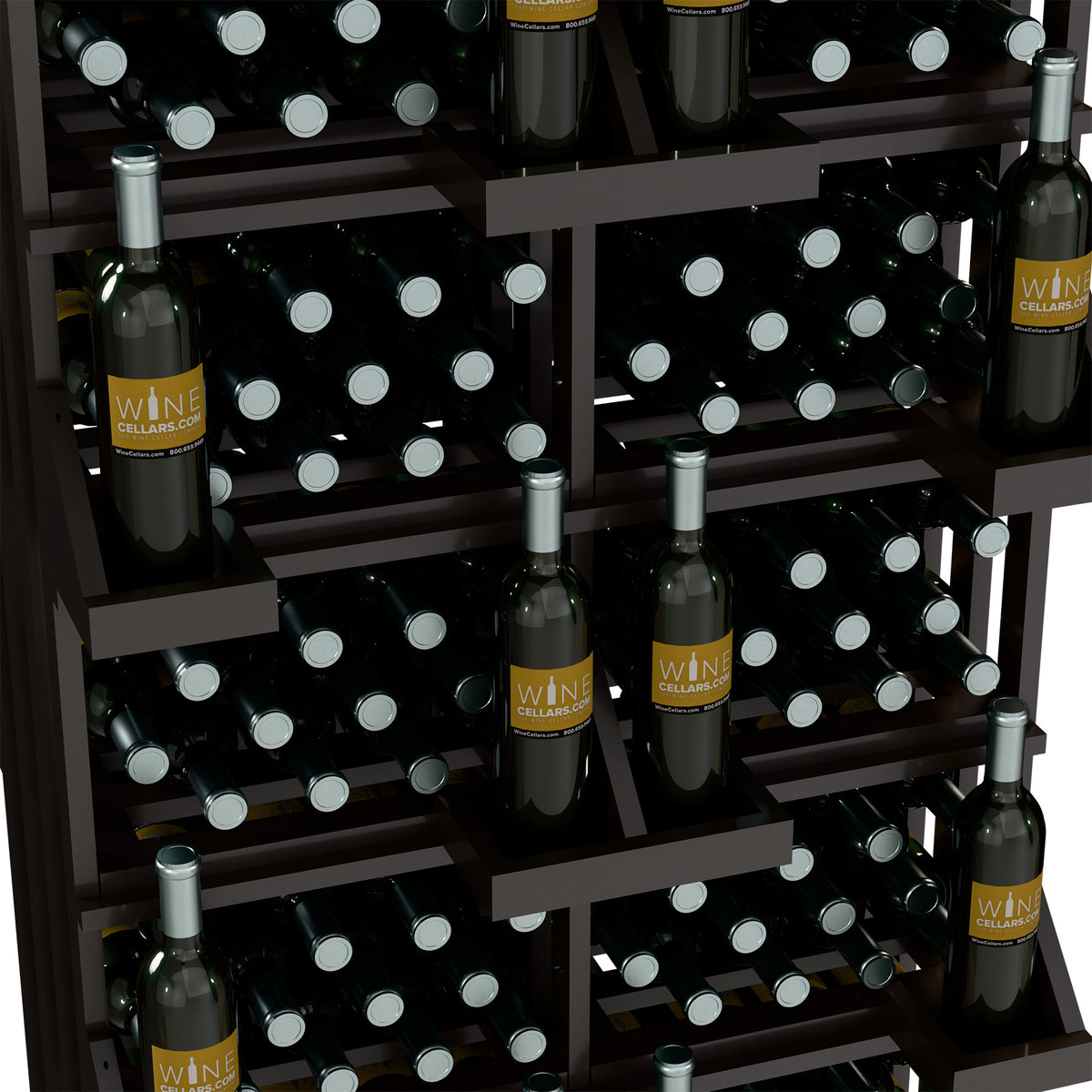 Dark wood wall wine bottle display with open bulk bins and stacked bottle holders