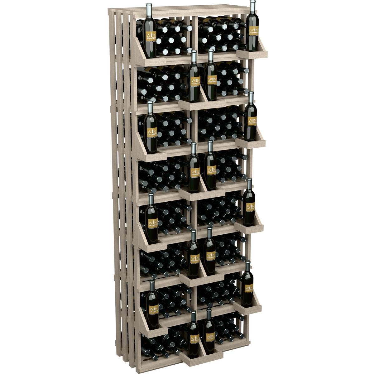 Light grey wall bottle display with open bulk bins and black bottle holders, many bottles