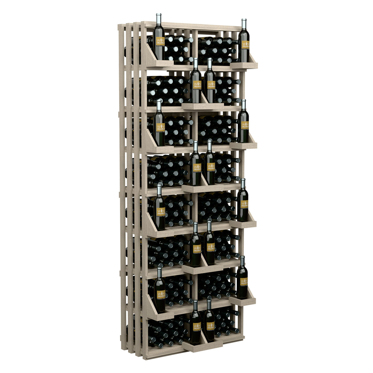 Light brown wood 208-bottle wall display with tiered wine bottle cradles and bulk bins