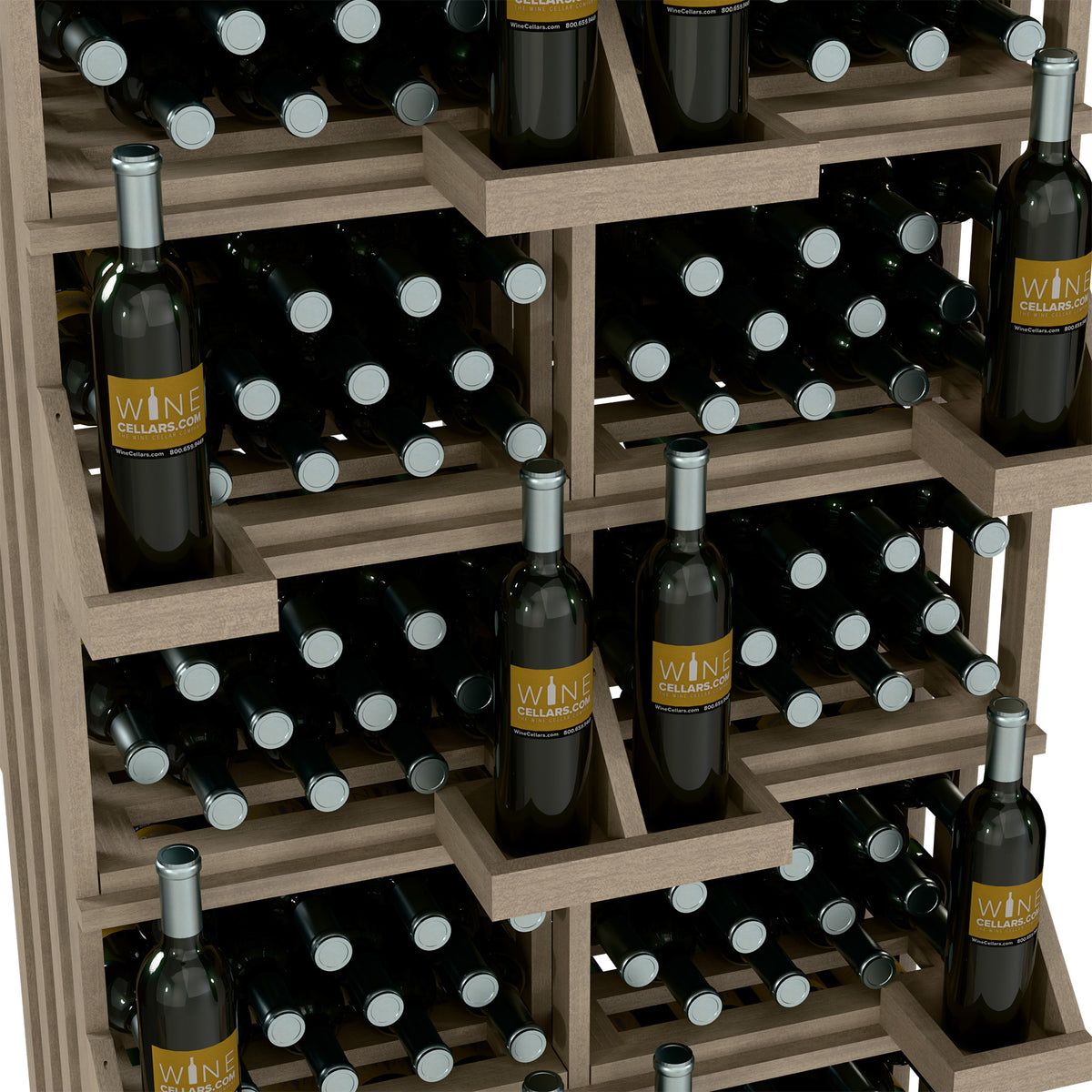 Wood wine bottle wall display with staggered shelves and dark bottles