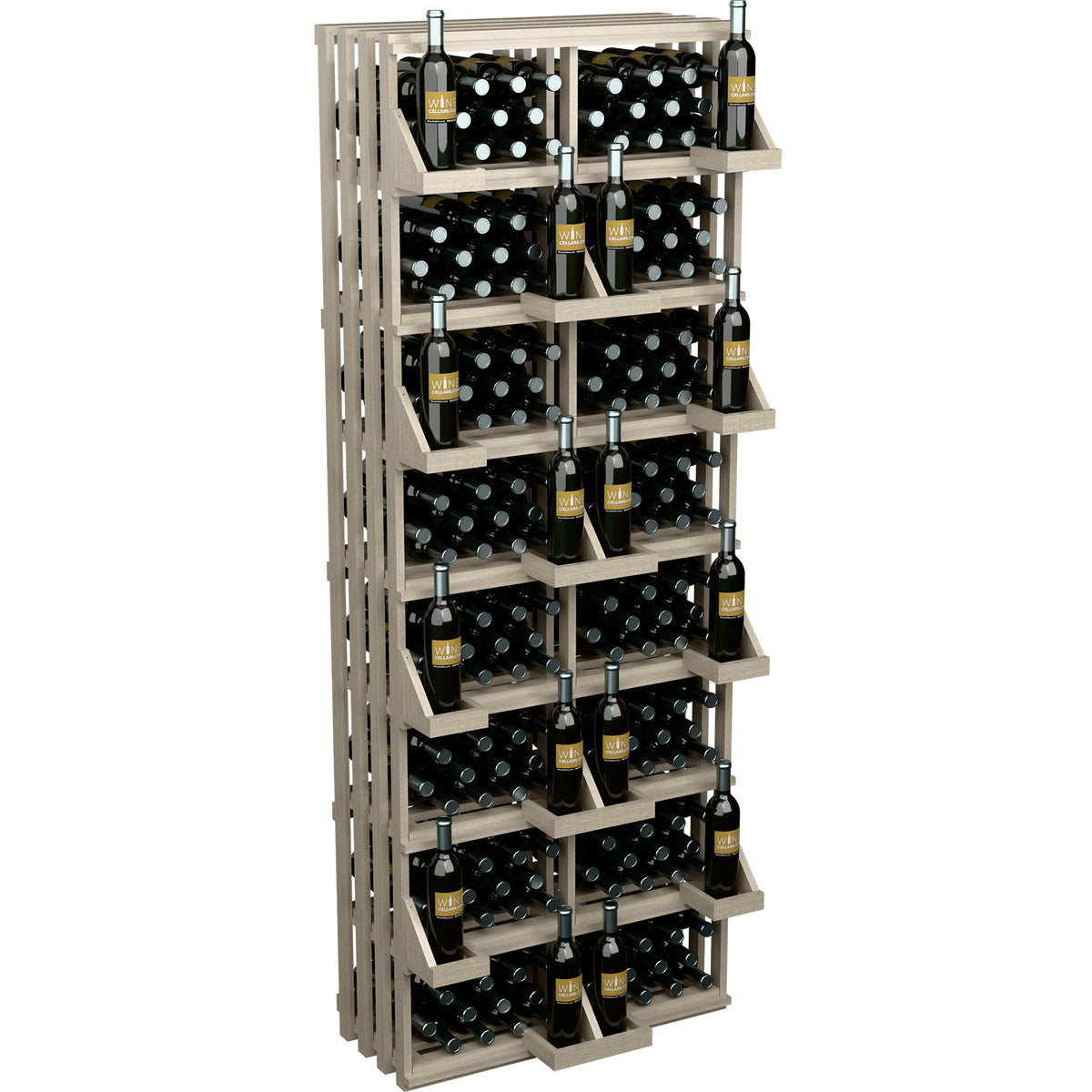 Light wood wall wine bottle display with multiple rows of bottle holders and bulk bins