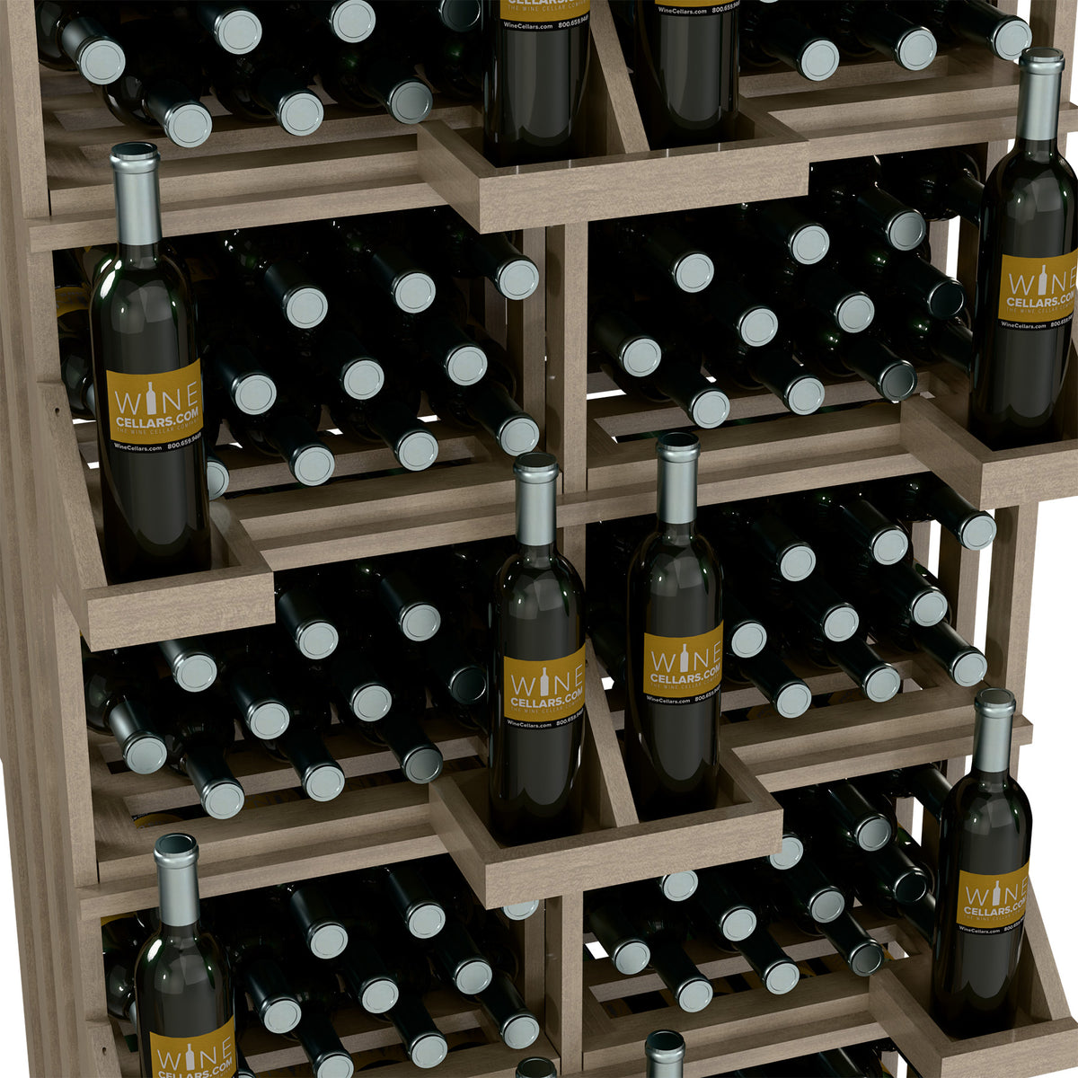 Light wood wall wine bottle display with bulk bins and multiple bottle storage shelves