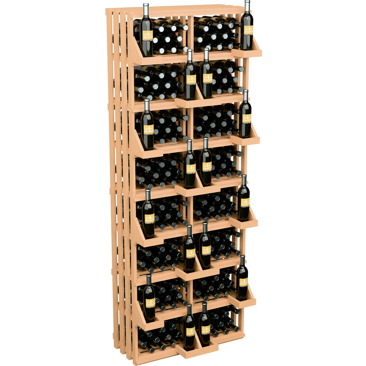 Wood wine bottle wall display with multi-tier shelves for upright bottles