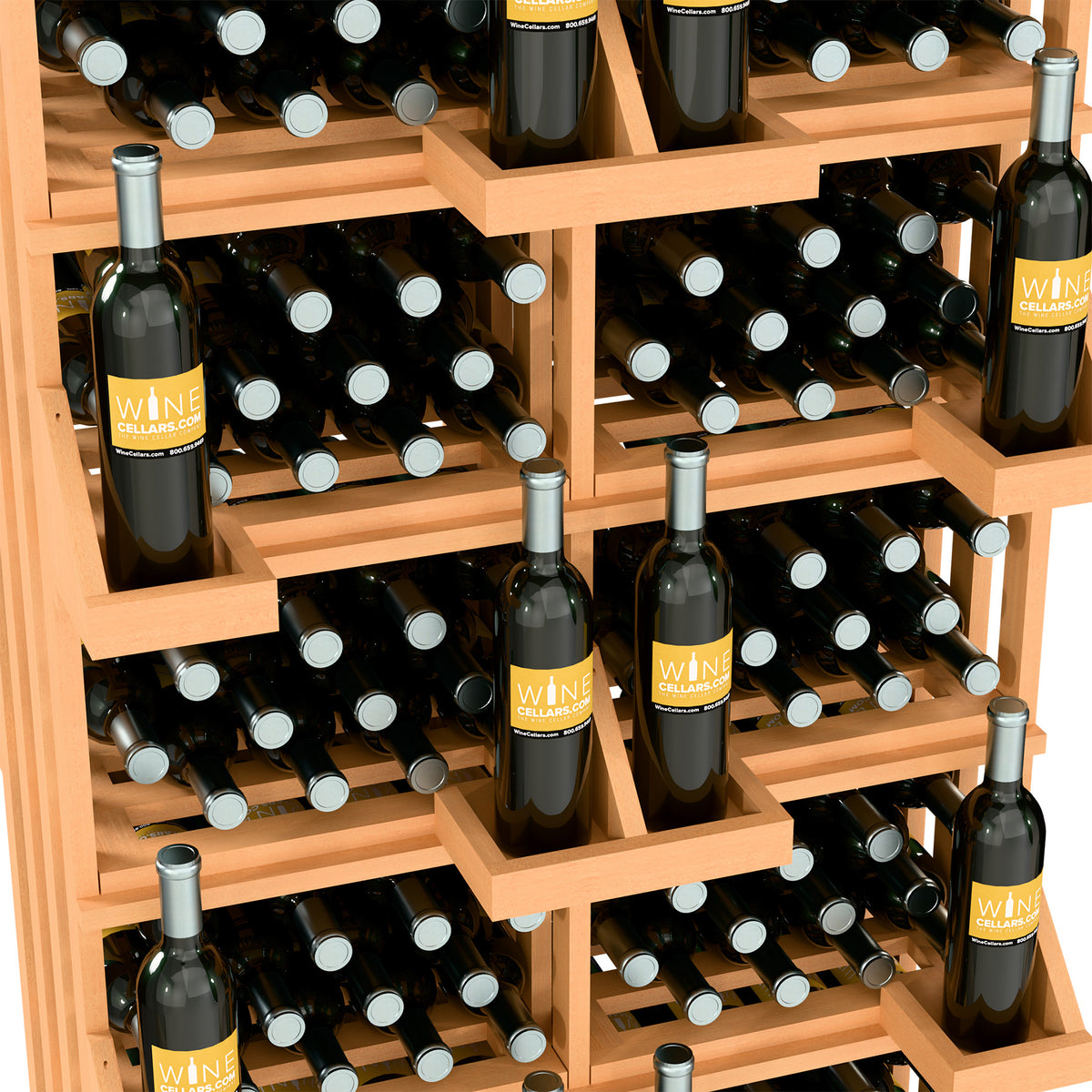 Wood wine bottle rack close-up showing tiered bins and rows of bottle holders