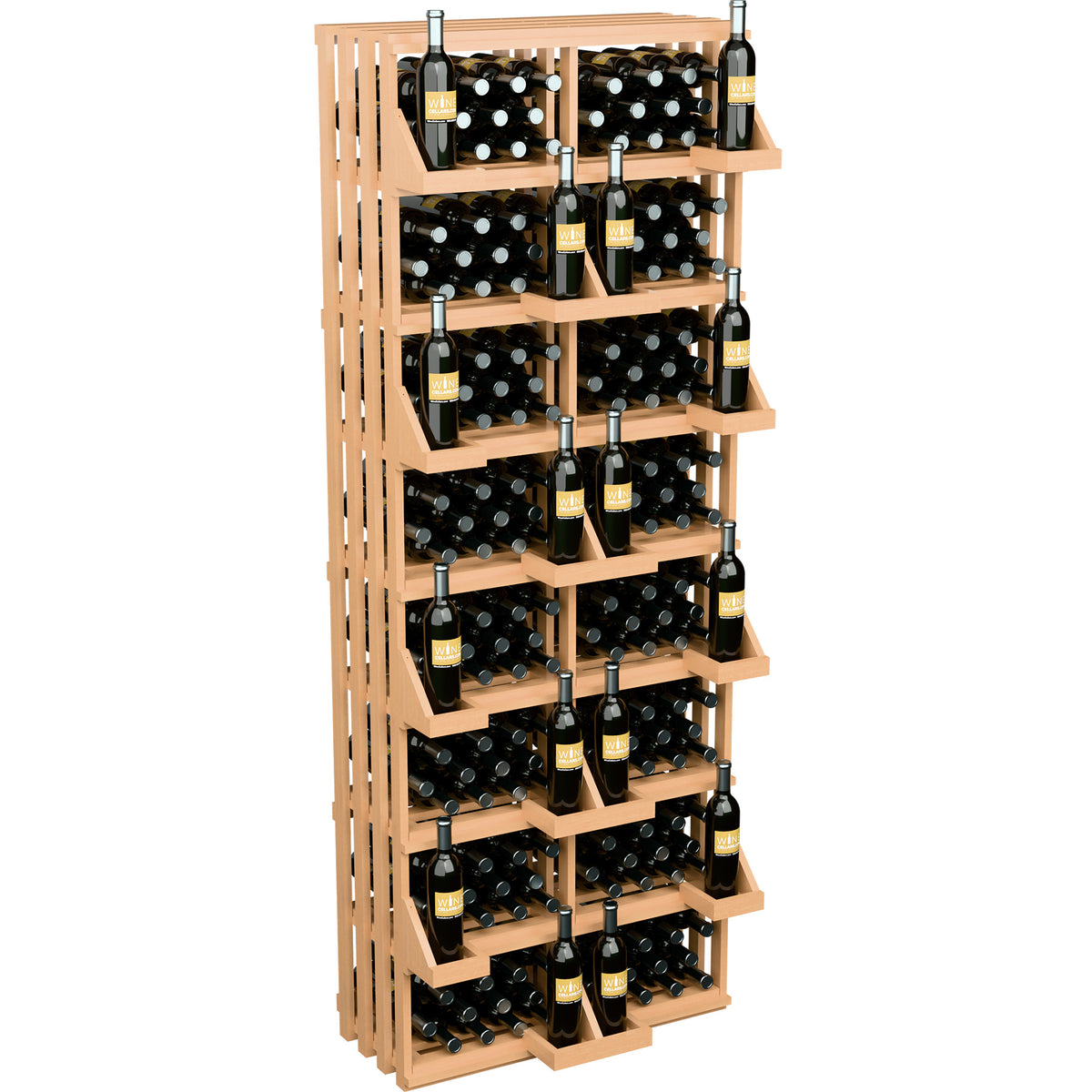 Natural wood wall wine bottle display with many bottle compartments and bulk bins