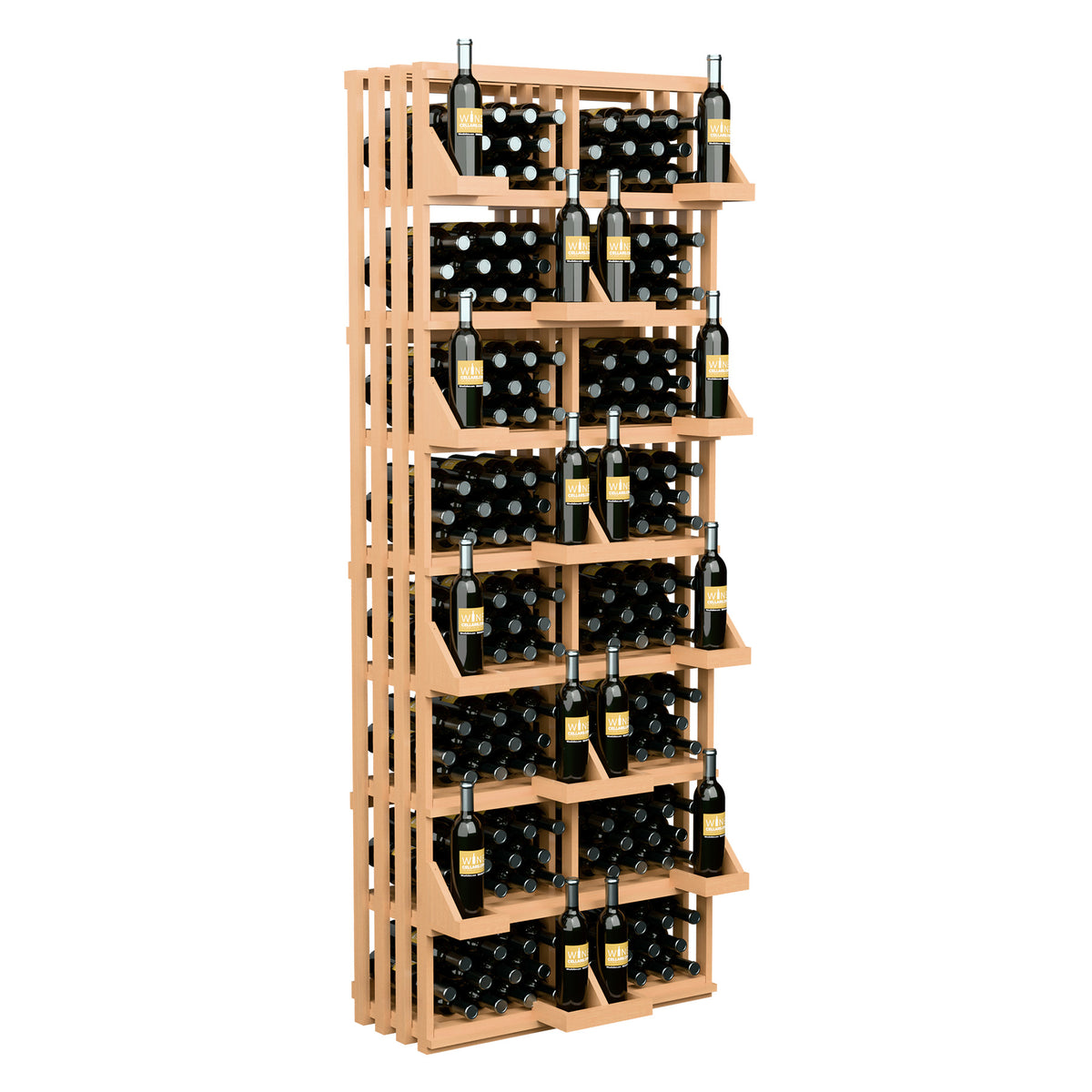 Light wood wall wine bottle display with stacked bottle rows and open bulk storage bins