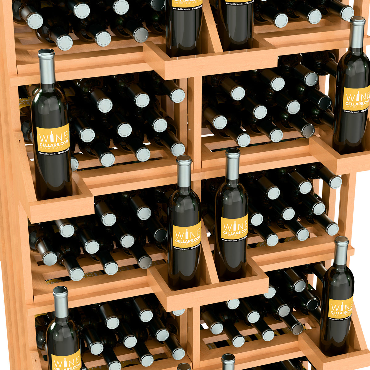 Light wood wall wine bottle display with bulk bins filled with wine bottles