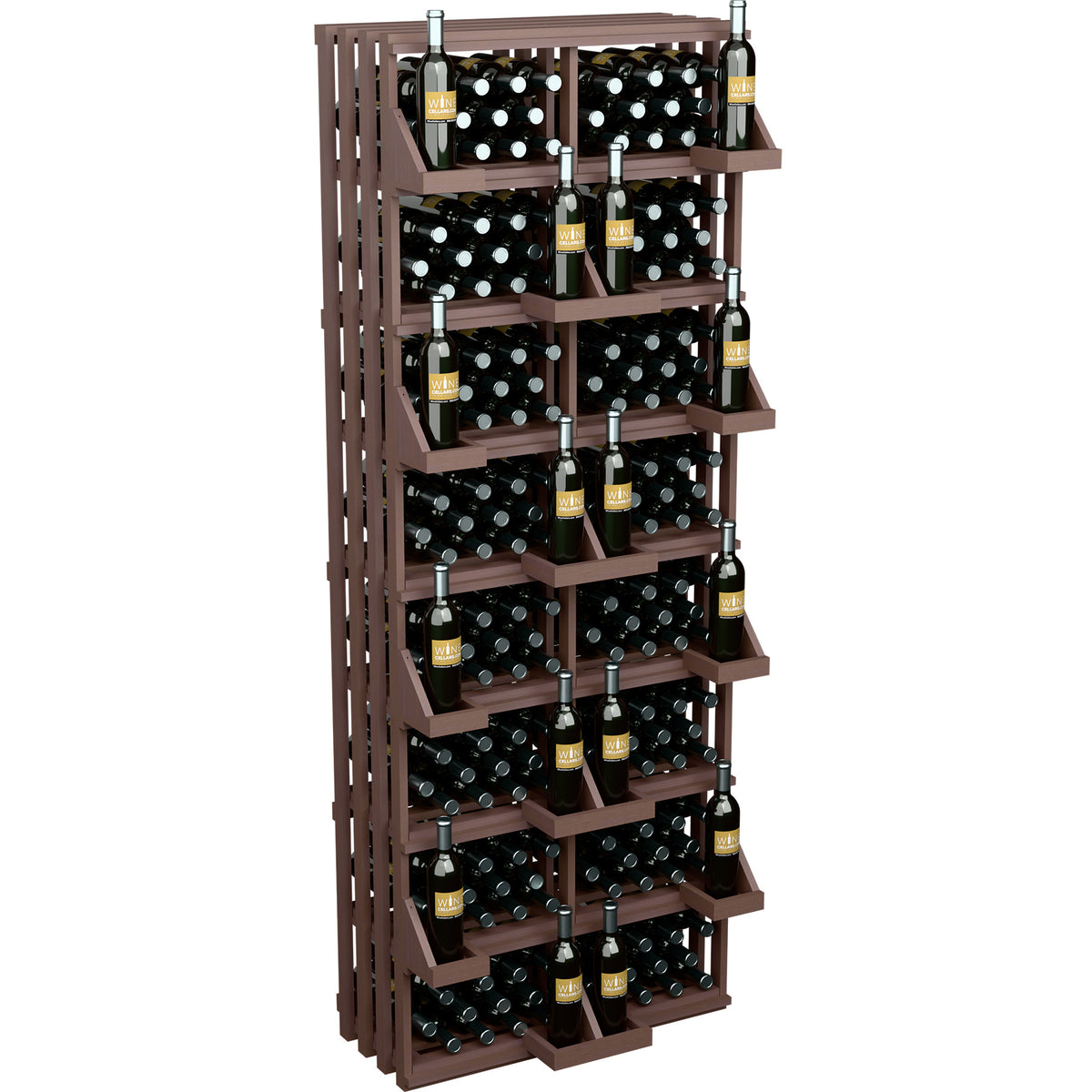 Tall wood wine bottle wall display with multiple tiers and bottle neck holders
