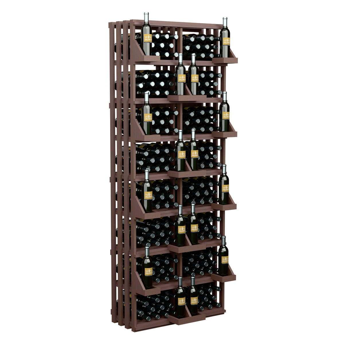 Brown wooden wine bottle wall rack with grid-style slots and tiered shelves