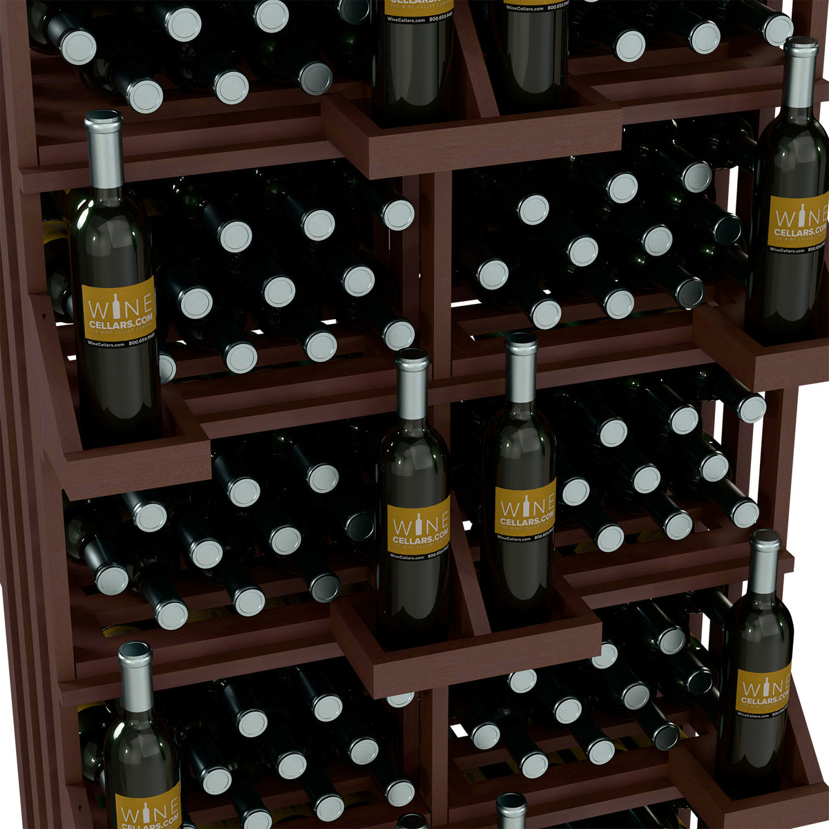 Wine bottle display rack in warm reddish wood with bottles arranged in cubby slots