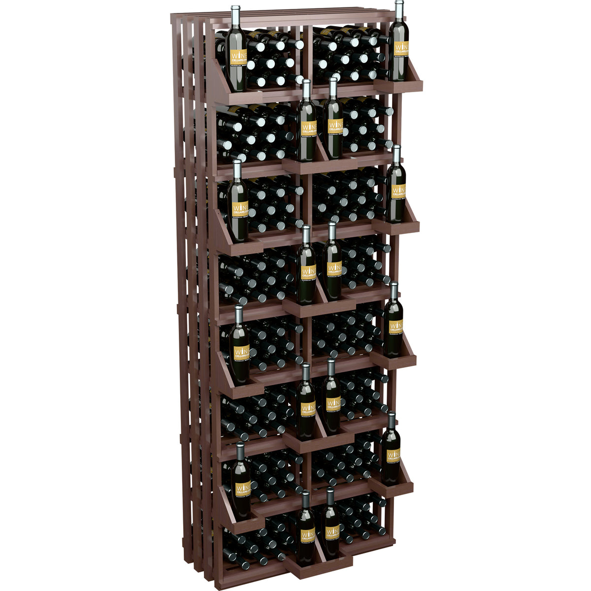 Dark wood wall wine bottle display with multiple bottle rows and bulk bin shelves