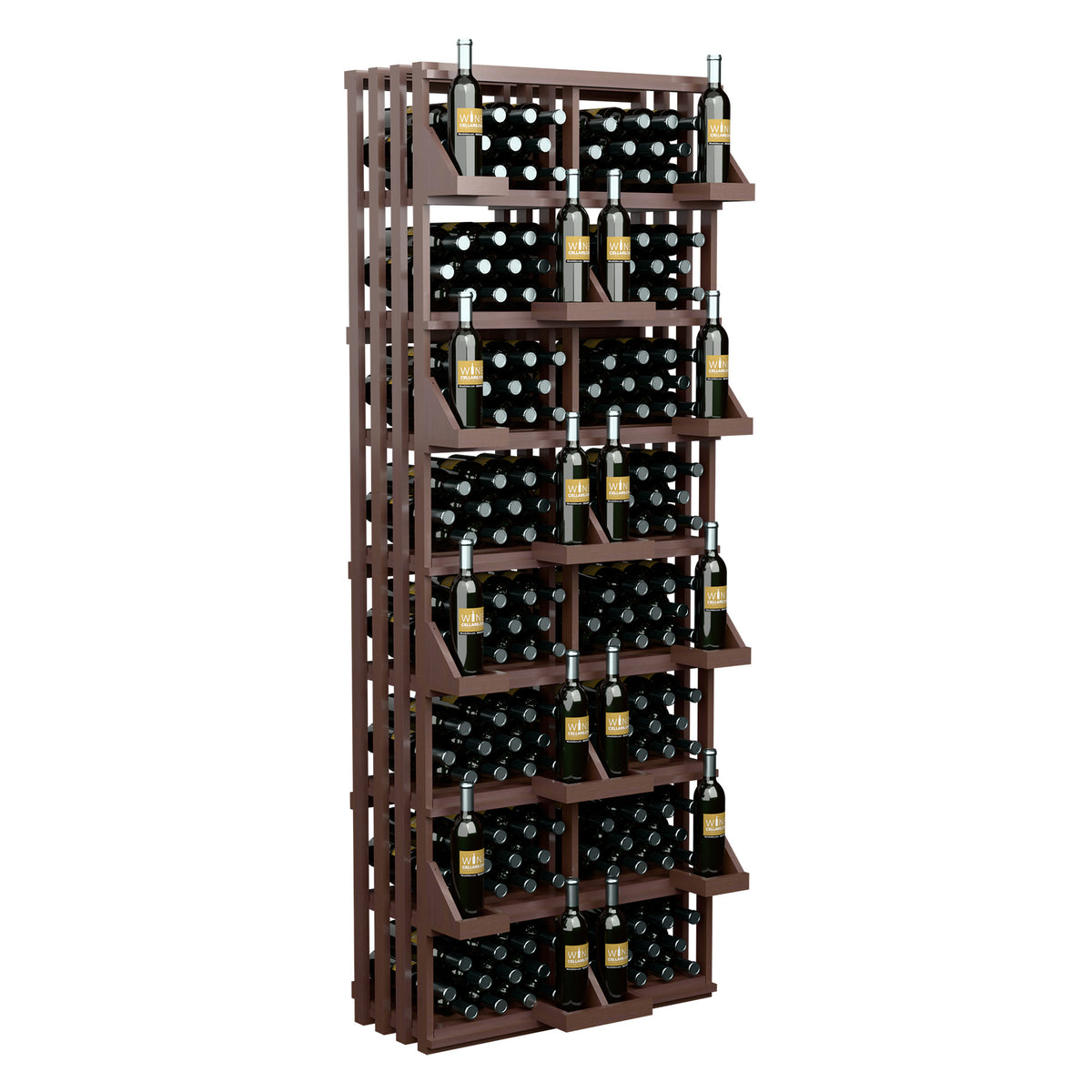 Dark brown wood wall wine bottle display with stacked bottle rows and bulk bins