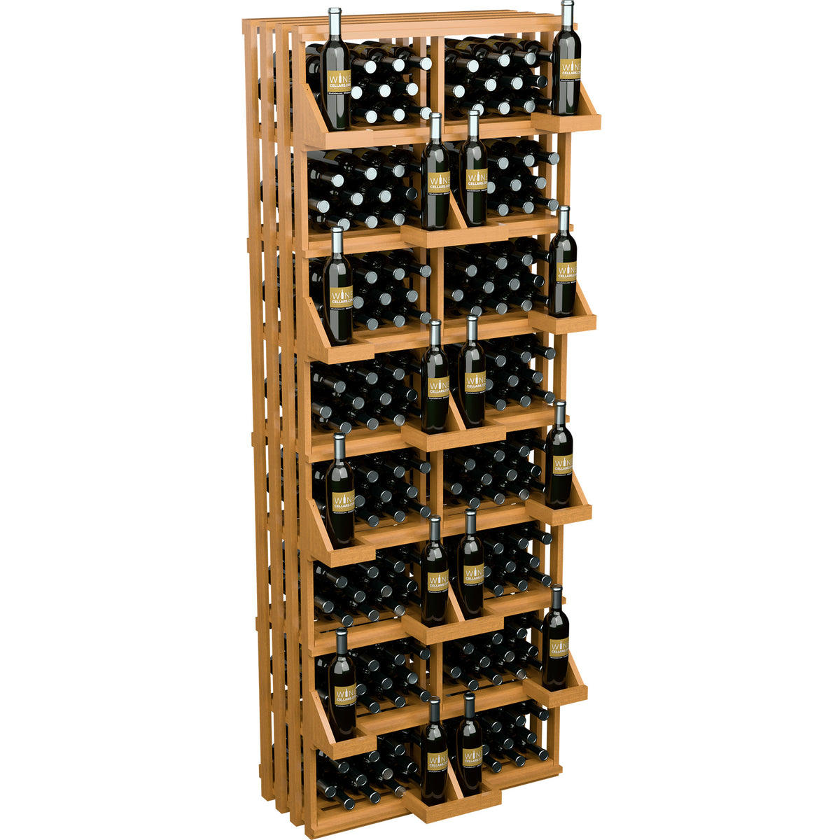 Wine bottle wall display with bulk bins, light wood frame and stacked black wine bottles