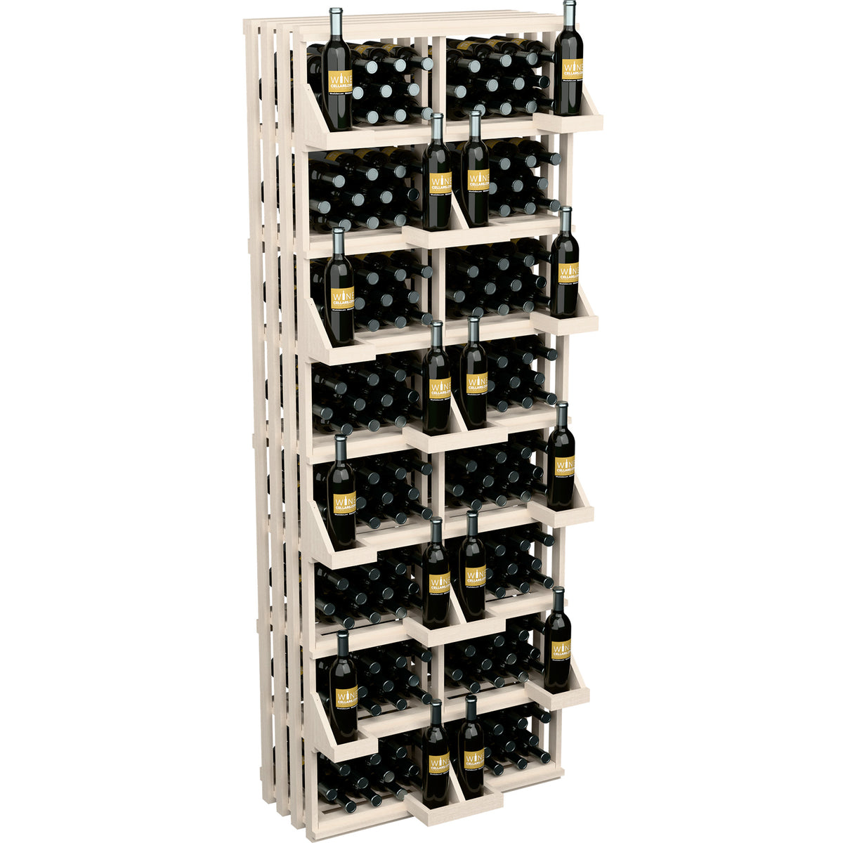 White wall bottle display with open bulk bins and black bottle holders, many bottles