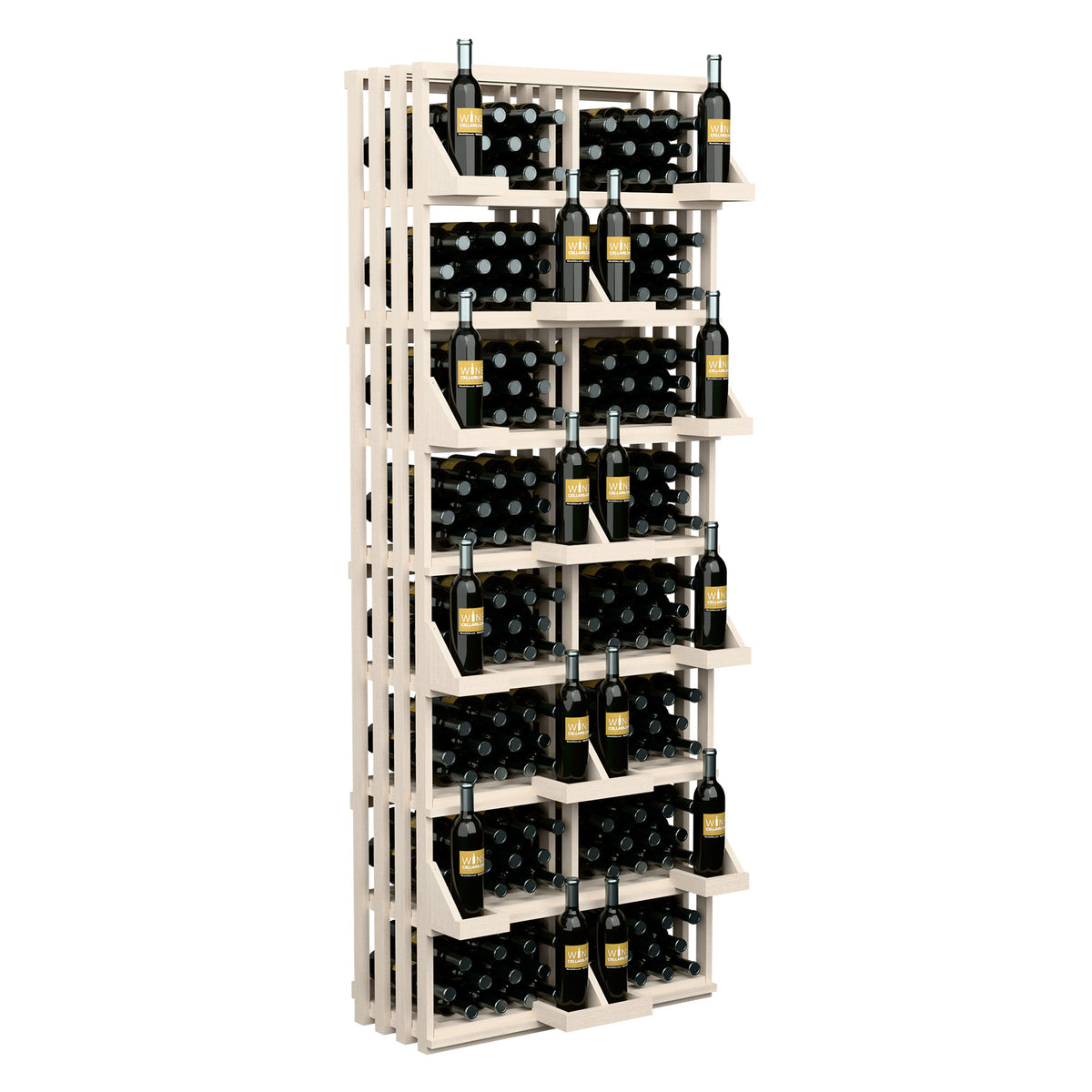 208-bottle commercial wall display with light wood bulk bins and 10-row bottle holders
