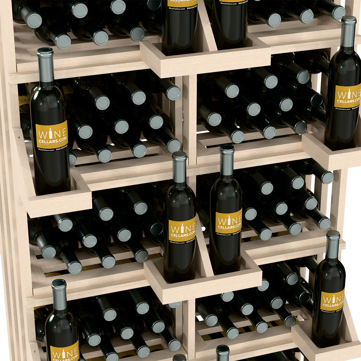 Wooden wine bottle wall display with stacked shelves and multiple dark bottles